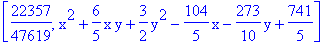 [22357/47619, x^2+6/5*x*y+3/2*y^2-104/5*x-273/10*y+741/5]